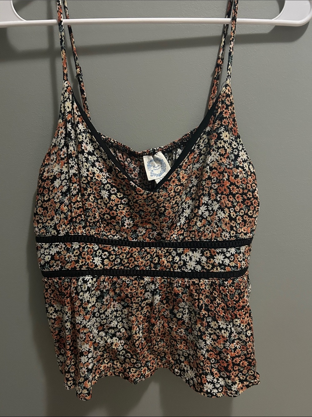 Blue Rain Floral Spaghetti Tank Top in Black, Rust & Cream